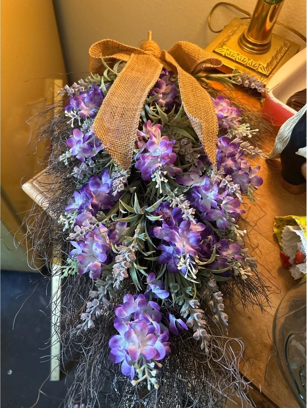 Decorative Faux Purple Flower Bouquet with Burlap Bow